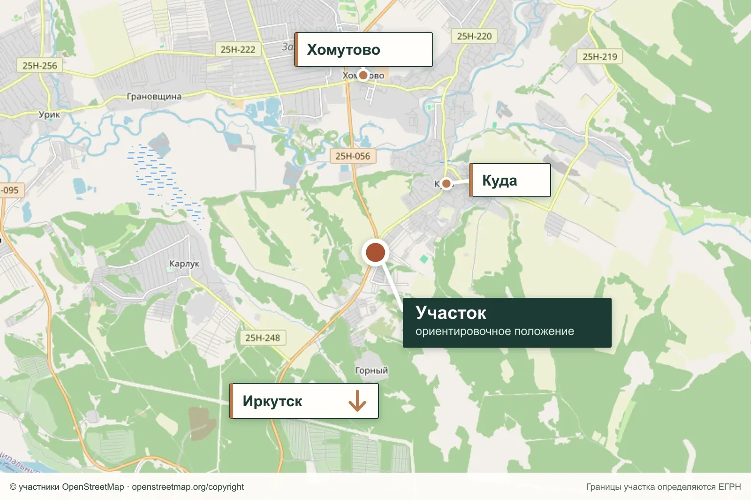 Карта: участок у Качугского тракта между Кудой, Хомутово и Иркутском